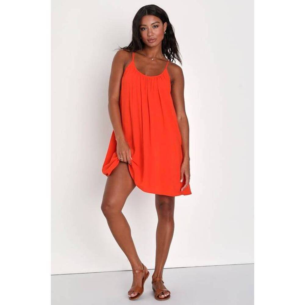 Lulus Inspirational Cutie Red Orange Linen Strappy Shift Mini Dress - Size S